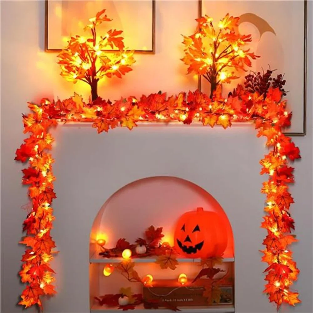 Fall Decorations Lighted Fall Garland, 9FT 50 Count Incandescent Lights Brown
